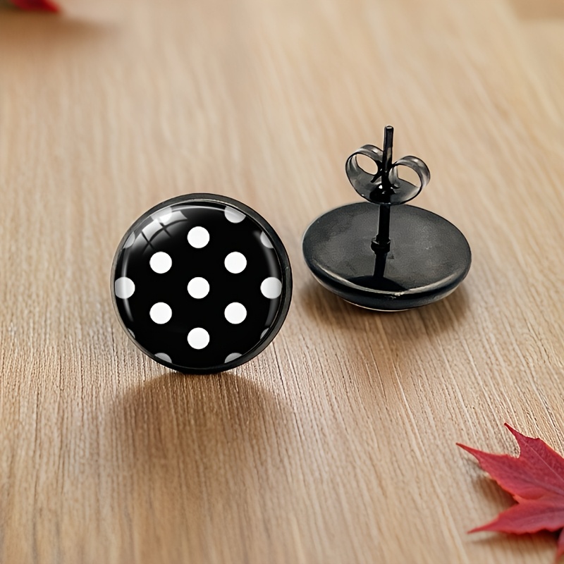 Women's Black & White Polka Dot Round Glass Cabochon Stud Earrings